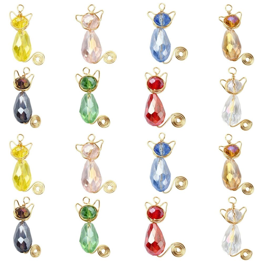 7904 16 Pcs 8 Color Handmade Cute Cat Charms for Jewelry Making Pet Kitten